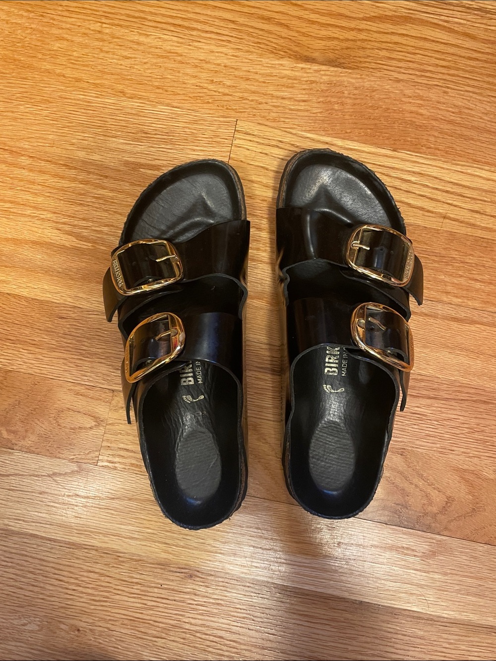 Birkenstock Women's Black Arizona Sandals with Gold Buckles - Picture 2 of 6